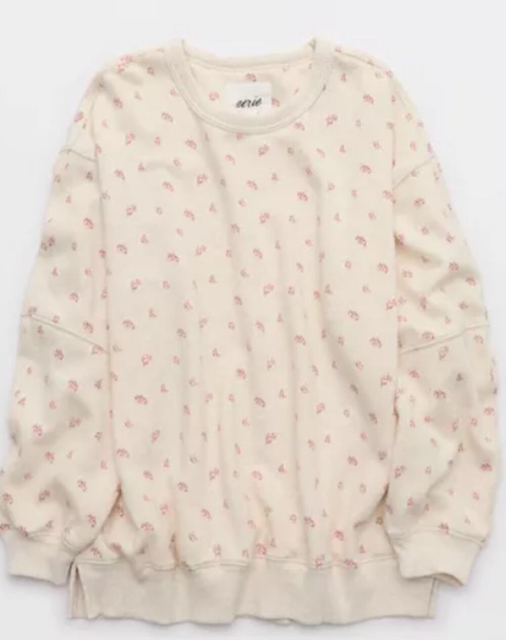 EUC Aerie Oversized Crewneck Sweatshirt Cream Pink Flowers Sz XL